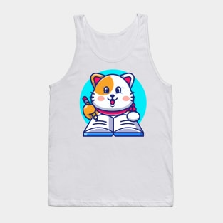 Cute cat writing on book with pencil cartoon Tank Top